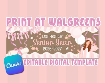 Mädchenhaftes Abschlussbanner für den Jahrgang 2027 zum Ausdrucken | 2 x 6 Walgreens-Druck | Letzte Canva-Vorlage für den ersten Tag der Abschlussfeier (Digitaler Download)