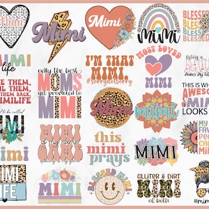 Könnte beinhalten: Eine Sammlung farbenfroher Grafikdesigns mit dem Wort "Mimi" in verschiedenen Schriftarten und Stilen. Designs umfassen Herzen, Regenbogen, Blitze und florale Elemente. Einige Designs enthalten Sätze wie "Most Loved Mimi" und "This is what an Awesome Mimi Looks Like."