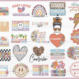 School Counselor Svg Png Bundle Retro Counselor Life Messy Bun Back To School Leopard Print Blessed Love Badass Counselor Stroke