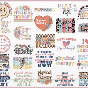 Könnte beinhalten: Eine Sammlung von 16 farbenfrohen digitalen Designs mit dem Text "Physical Therapy" in verschiedenen Schriftarten und Stilen. Die Designs beinhalten Herzen, Regenbögen, Blumen und ein Leopardenmuster.