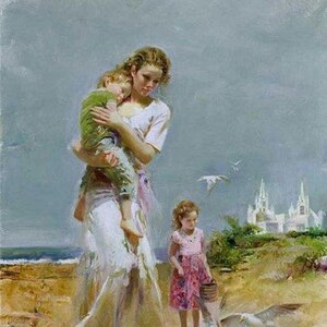 Marine landscape, Cross stitch pattern in PDF format, Needlepoint pattern, Girls walking on the beach, Mother and children, Marine landscape