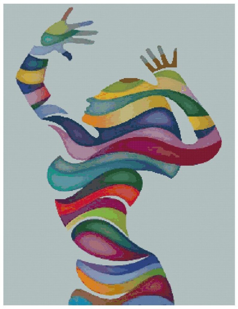 Pu&ograve; includere: Illustrazione di arte astratta di una persona con un design ondulato, a strisce e colorato. La persona &egrave; raffigurata con le braccia alzate in aria.