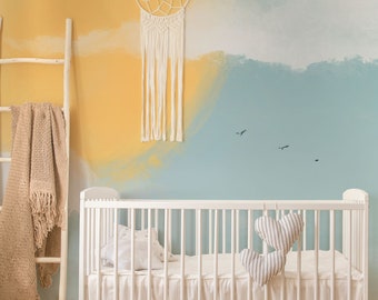 Pastel Sun and Sky Wallpaper / Sun Decal // Clouds Sky Large Sun Nursery Room Wall Decor / Self Adhesive Peel and Stick  Sky104