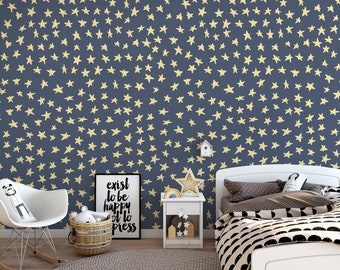 Dark Blue Sky Yellow Stars Peel and Stick Wallpaper / Night Sky Bedroom Wallpaper Nursery Room Wall Decor / Self Adhesive Peel and Stick