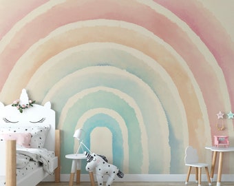 Retro Nostalgic 70's Large Rainbow Peel and Stick Decal Boho Coral Peach Pink Pastel Rainbow / Girl Wall Sticker Decal // Watercolor