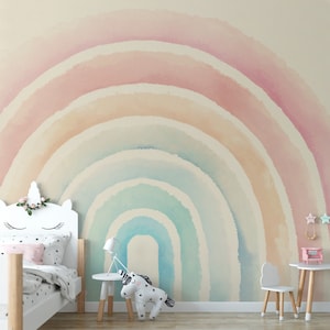 Retro Nostalgic 70's Large Rainbow Peel and Stick Decal Boho Coral Peach Pink Pastel Rainbow / Girl Wall Sticker Decal // Watercolor