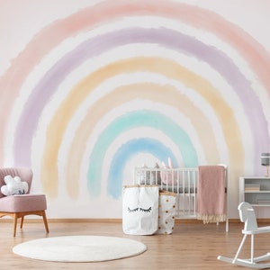 Boho Coral Peach Pink Rainbow Removable Wallpaper //Pastel Rainbow Wall Mural Pink Sticker Self Adhesive Rainbow 107