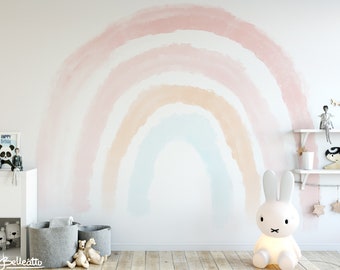 Boho Coral Peach Pink Rainbow Removable Wallpaper //Pastel Rainbow Wall Mural Pink Sticker Self Adhesive Peel and Stick Repositionable