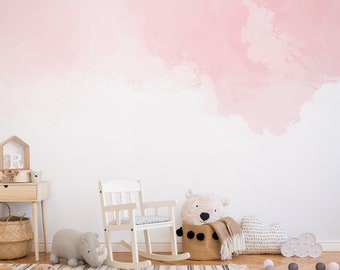 Pink Clouds Wallpaper Decal Nursery Baby Room Pink Wall Art Repositionable Wall Mural Peel & Stick Removable Sticker Vintage Watercolor