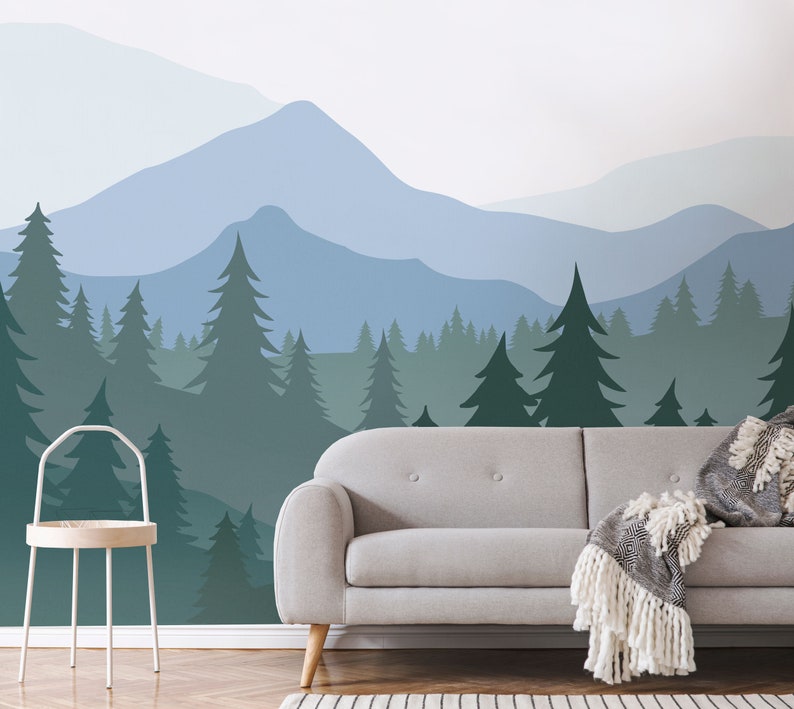 Woodland Wall Mural / Mountain Wall Decal / Mountain Wall Etsy