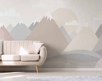 Mountains Wallpaper Woodland Decals Nursery Room Gray Beige Wall Art Repositionable Wall Mural Peel & Stick Kids Pattern Removable