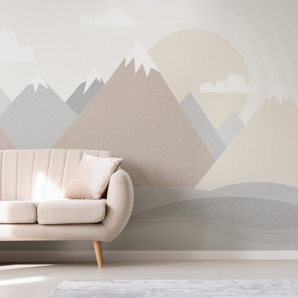 Mountains Wallpaper Woodland Decals Nursery Room Gray Beige Wall Art Repositionable Wall Mural Peel & Stick Kids Pattern Removable