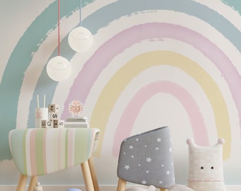 Mint Baby Blue Peach Pink Yellow Rainbow Peel and Stick Removable Wallpaper / Pastel Rainbow Wall Mural Pink Sticker Self Adhesive R137