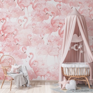 Pastel Pink Peach Ombre / Flamingo Headboard Wallpaper / Nursery Girl Princess Room Peel and Stick Wall Decor / Mural Wallpaper Decal