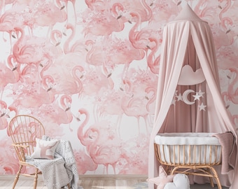 Pastel Pink Peach Ombre / Flamingo Headboard Wallpaper / Nursery Girl Princess Room Peel and Stick Wall Decor / Mural Wallpaper Decal