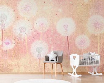 Pastel Coral Peach Pink Ombre Removable Beautiful Dendalions Wallpaper Peel and Stick Wallpaper / Self Adhesive Wall Mural Repositionable