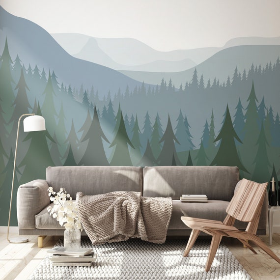 Green Pine Tree Forest Wallpaper / Mountain Wall Mural / Etsy