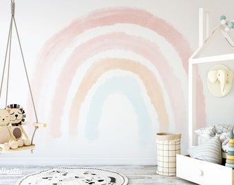 Boho Coral Peach Pink Rainbow Removable Wallpaper //Pastel Rainbow Wall Mural Pink Sticker Self Adhesive Peel and Stick Repositionable K043