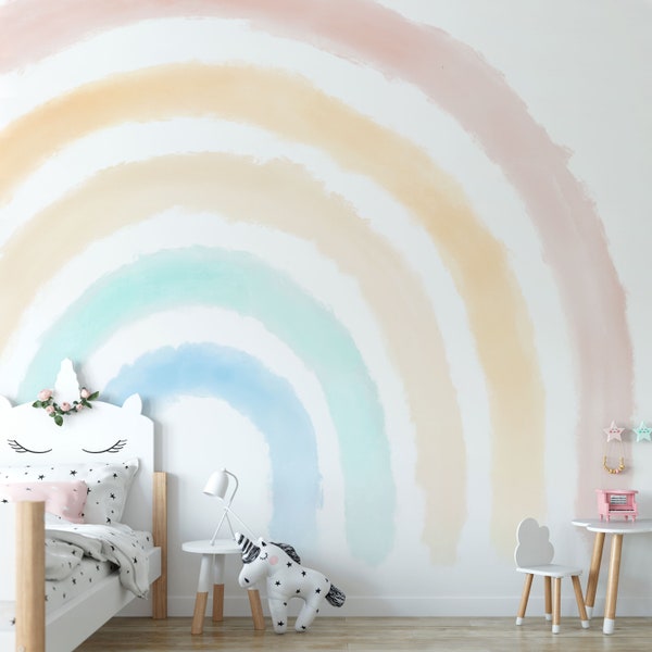 Boho Coral Peach Pink Rainbow Removable Wallpaper //Pastel Rainbow Wall Mural Pink Sticker Self Adhesive Peel and Stick Repositionable 055