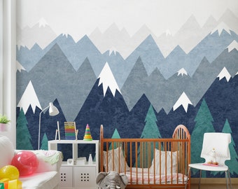 Mountains Wallpaper Woodland Wall Decals Nursery Baby Room Dark Blue Wall Art Repositionable Wall Mural Peel & Stick Kids Pattern Removable