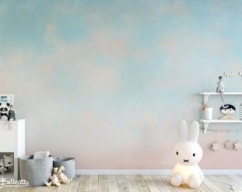 Pastel Ombre Pink Light Blue Sky Wall Decal / Sun Decor / Clouds Sky Nursery Room Wallpaper / Peel and Stick Clouds Sunset  Sky115