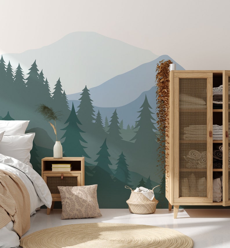 Woodland Wall Mural / Mountain Wall Decal / Mountain Wall Etsy