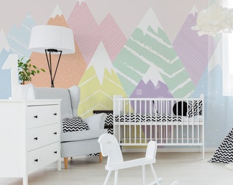 Mountains Wall Decals Woodland Wallpaper Nursery Baby Room Pastel Pink Wall Art Repositionable Mural Peel & Stick Kids Pattern Removable M06