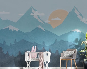 Mountains Wallpaper Woodland Wall Decals Nursery Baby Room Gray Blue Wall Art Repositionable Wall Mural Peel & Stick Kids Pattern Removable