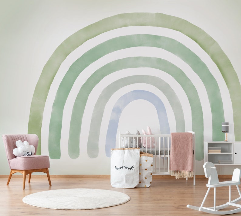 Boho Green Turquoise Blue Rainbow Removable Wallpaper //Pastel Rainbow Wall Mural Sticker Self Adhesive Peel and Stick Repositionable R147 image 4