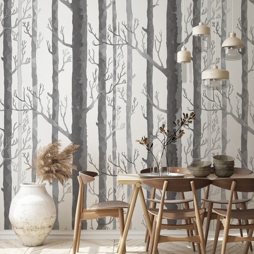 Birch Tree Wallpaper / Woodland / Decal / Nursery Room / Gray - Etsy UK