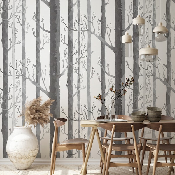 Birch Tree Wallpaper / Woodland / Decal / Nursery Room / Gray Trees / Forest Repositionable / Wall Mural Peel & Stick Removable Sticker W105