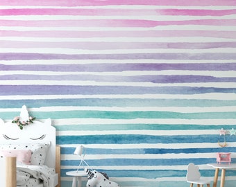 Turquoise Peach Light Pink Lavender Blue Rainbow Straps Headboard Wallpaper / Pastel Nursery Peel and Stick / Watercolor Rainbow Strap