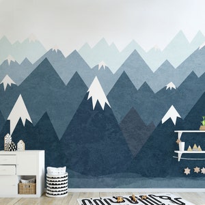 Mountain Wall Decal Wallpaper Nursery Baby Room Navy Blue Wall Art Removable Sticker Wall Mural Peel & Stick Kids Feature Wall M005D image 2