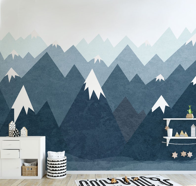 Mountain Wall Decal Wallpaper Nursery Baby Room Navy Blue Wall Art Removable Sticker Wall Mural Peel & Stick Kids Feature Wall M005D image 2