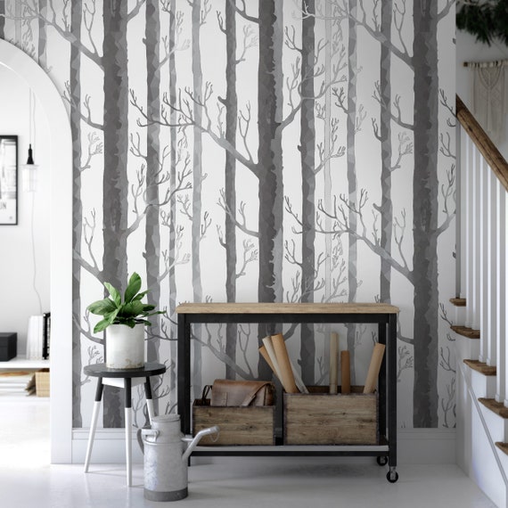 Birch Tree Wallpaper / Woodland / Decal / Nursery Room / Gray - Etsy Australia Birch Tree Wallpaper / Woodland / Decal / Nursery Room / Gray - Etsy Australia