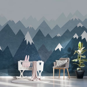 Mountain Wall Decal Wallpaper Nursery Baby Room Navy Blue Wall Art Removable Sticker Wall Mural Peel & Stick Kids Feature Wall M005D image 3