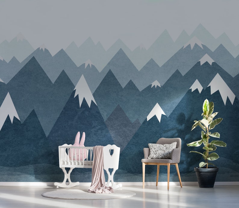 Mountain Wall Decal Wallpaper Nursery Baby Room Navy Blue Wall Art Removable Sticker Wall Mural Peel & Stick Kids Feature Wall M005D image 3