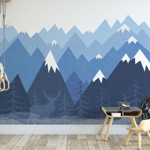 Ice Blue Mountain Wall Decal // Mountain Wallpaper // Nursery Baby Room Navy Blue Wall Art Removable Sticker Wall Mural Peel & Stick Kids