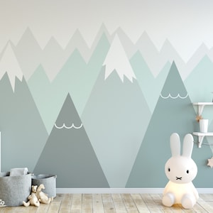 Mountains Wallpaper Woodland Decals Nursery Room Gray MInt Wall Art Repositionable Wall Mural Peel & Stick Kids Pattern Removable M78D