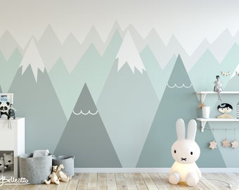 Mountains Wallpaper Woodland Decals Nursery Room Gray MInt Wall Art Repositionable Wall Mural Peel & Stick Kids Pattern Removable M78D