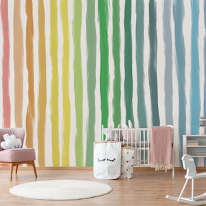 Rainbow Stripes / Removable Wallpaper //Pastel Rainbow Wall Mural  Self-Adhesive / Peel and Stick Repositionable Geo212