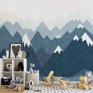 Mountain Wall Decal Wallpaper Nursery Baby Room Navy Blue Wall Art Removable Sticker Wall Mural Peel & Stick Kids Feature Wall M005D