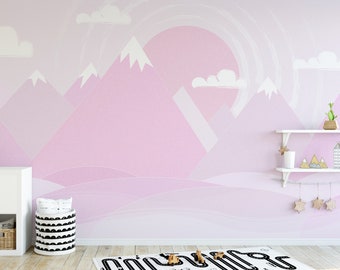 Mountains Wall Decal Woodland Wallpaper Nursery Baby Room Pink Wall Art Repositionable Wall Mural Peel & Stick Kids Pattern Removable