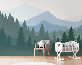 Woodland Wall Mural / Mountain Wall Decal / Mountain Wall Mural /  Forest Wall Mural / Pine Tree Wall Decal / Peel and Stick Mural 107