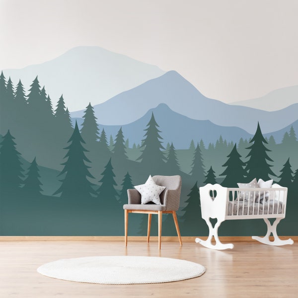 Woodland Wall Mural / Mountain Wall Decal / Mountain Wall Mural /  Forest Wall Mural / Pine Tree Wall Decal / Peel and Stick Mural 107