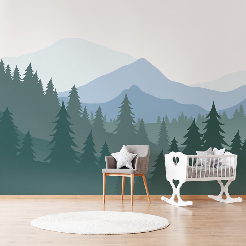 Woodland Wall Mural / Mountain Wall Decal / Mountain Wall Etsy