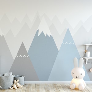 Mountains Wallpaper Woodland Decals Nursery Room Gray Blue Wall Art Repositionable Wall Mural Peel & Stick Kids Pattern Removable