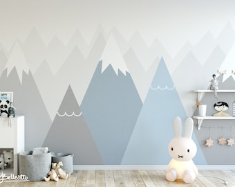 Mountains Wallpaper Woodland Decals Nursery Room Gray Blue Wall Art Repositionable Wall Mural Peel & Stick Kids Pattern Removable