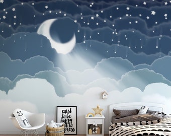 Pastel Night Sky Falling Stars and Shining Moon Wallpaper /  Clouds Sky Large Moon Nursery Room Wall Decor / Self Adhesive Peel and Stick