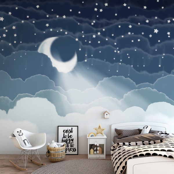 Pastel Night Sky Falling Stars and Shining Moon Wallpaper /  Clouds Sky Large Moon Nursery Room Wall Decor / Self Adhesive Peel and Stick